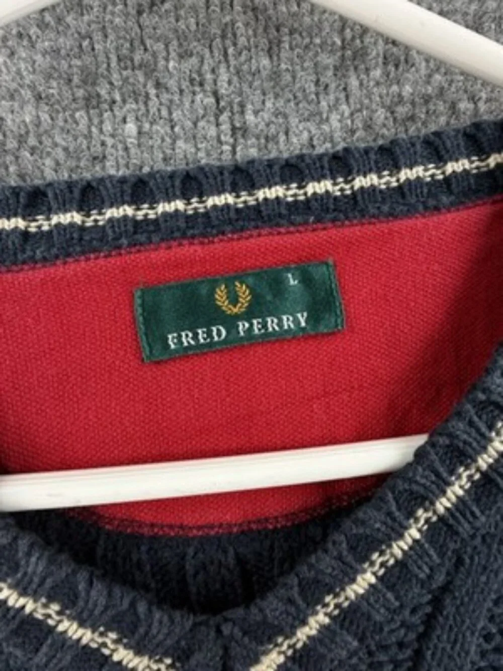 Fred Perry Heavyweight Large Logo V-Neck Blue Men Pullover Sweater Cotton Knit